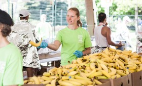Volunteers hand out food in the recovery area