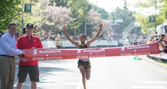 Ethiopian marathoner crossing the finish line